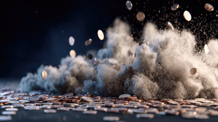 An explosive visual of dust and coins captures the essence of finance and wealth, showcasing dynamic movement against a dark background, perfect for themes of money and prosperity.の素材