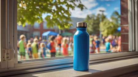 A vibrant blue stainless steel water bottle rests on a windowsill, with a lively outdoor scene of children playing in a school environment under the bright sun.の素材