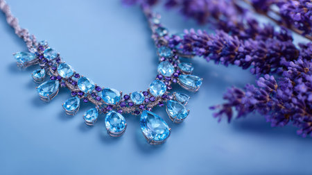 Stunning blue gemstone necklace adds a touch of elegance to any outfit, beautifully paired with lavender flowers against a soft blue background for a vibrant visual appeal.の素材
