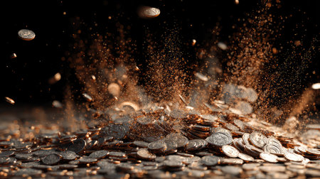 A captivating scene featuring an explosion of coins scattering in mid-air, surrounded by sparkling dust particles, showcasing the beauty of wealth in a dramatic composition.の素材