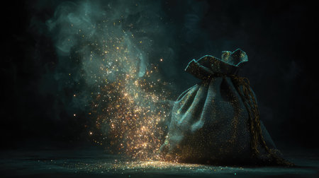 A captivating image of a mysterious silk bag releasing sparkling dust, set against a dark background. This artwork evokes a sense of magic and wonder, ideal for creative projects.の素材