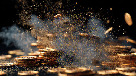 A stunning image capturing the enchanting moment when gold coins create an impressive cloud of shimmering dust, embodying concepts of wealth and luxury with a captivating dark backdrop.の素材