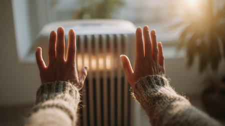 A warm and inviting scene depicting hands reaching towards a portable heater, highlighting the comfort and coziness of a bright indoor space during winter.の素材