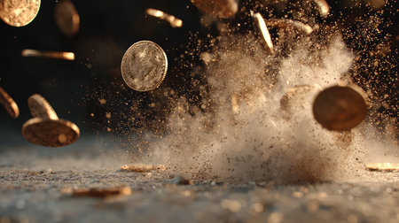 Capturing the dynamic moment of coins falling and creating a cloud of dust, this image represents themes of finance, wealth, and disruption in an artistic manner.の素材