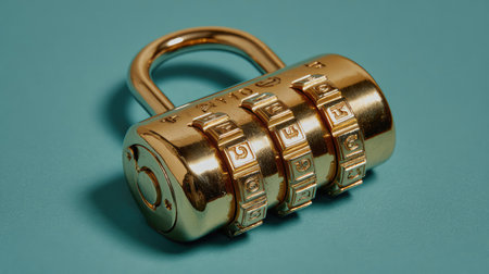 A close-up image of a shiny gold combination lock resting on a teal background, illustrating themes of security and protection for personal belongings and sensitive information.の素材