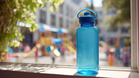 A vibrant blue water bottle sits on a windowsill, capturing sunlight. In the background, children enjoy a lively playground, emphasizing active, healthy living.の素材