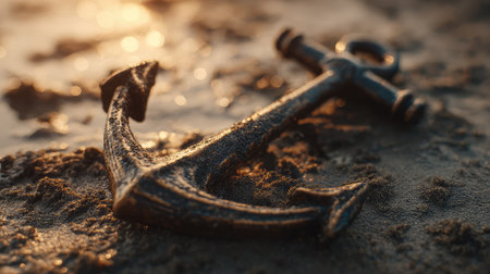 A detailed view of a rustic anchor resting on the sandy beach, illuminated by warm sunset light, creating a serene and picturesque coastal atmosphere suitable for various projects.の素材