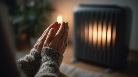 A person warms their hands near a glowing electric heater, evoking a sense of comfort and tranquility in a cozy indoor environment during the winter season.の素材