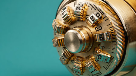 A detailed close-up of a vintage gold safe lock features a combination dial set against a striking teal background, perfect for themes of security, finance, and craftsmanship.の素材