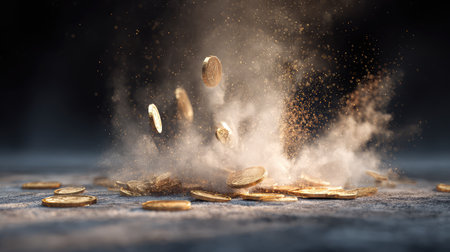 A striking visual of gold coins bursting from a cloud of dust, symbolizing wealth and success, perfect for financial themes and concepts in various projects.の素材