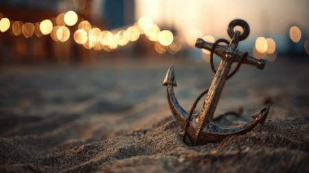 A rusty anchor stands prominently on a sandy beach, surrounded by beautiful bokeh lights that create an enchanting atmosphere during sunset by the sea.の素材