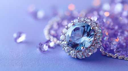 Captivating close-up of a blue gemstone set in silver, surrounded by beautiful purple beads on a soft purple backdrop, ideal for showcasing elegance and luxury in jewelry design.の素材