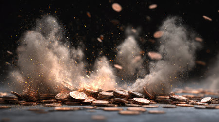 This image captures a dynamic and dramatic explosion of coins, creating an abstract representation of wealth and finance with dust and sparks in a darkened environment.の素材
