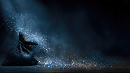 A captivating black bag releases a magical display of sparkling dust, creating an enchanting atmosphere that inspires creativity and wonder against a dark backdrop.の素材