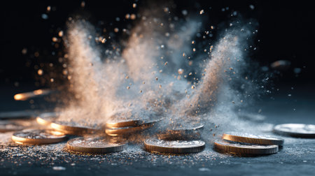 A captivating image showcasing an explosion of coins with dust and particles, symbolizing wealth and financial impact against a dark backdrop. Perfect for various thematic projects.の素材