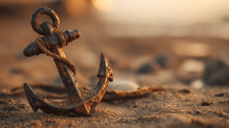 A weathered anchor rests on a sandy beach, illuminated by the warm rays of the rising sun, evoking tranquility and a classic nautical theme for coastal settings.の素材
