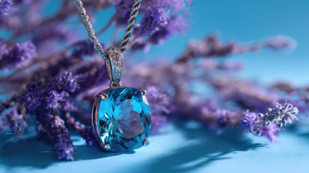 A captivating blue gemstone pendant necklace elegantly displayed on purple flowers, highlighting beauty and luxury in a serene, artistic composition. Perfect for jewelry enthusiasts.の素材