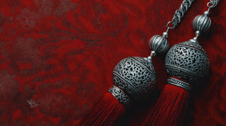 Close-up of elegant silver ornaments featuring intricate designs and striking red tassels, set against a rich textured background that highlights cultural artistry and elegance.の素材