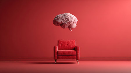 A vibrant red room showcases a stylish chair beneath a floating brain, symbolizing creativity and inspiration in modern design, perfect for artistic themes and psychological concepts.の素材