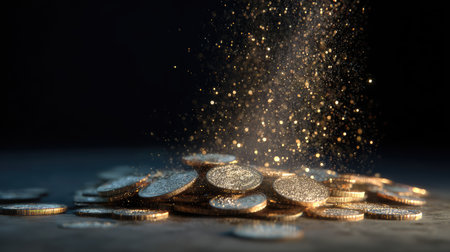 A captivating image featuring a pile of gold coins with a magical sprinkle of dust illuminated by light in a dark background, symbolizing wealth and prosperity.の素材