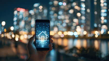 A hand holds a smartphone showcasing a digital house illustration against a vibrant bokeh-lit city backdrop at night, highlighting modern technology in urban life.の素材