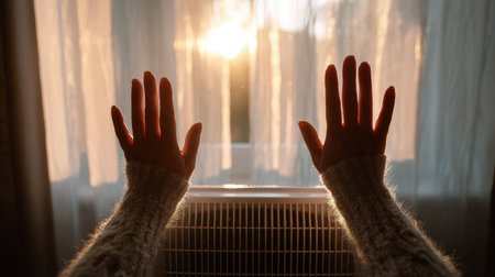 Silhouette of hands reaching toward warm sunlight streaming through sheer curtains, evoking feelings of peace, hope, and the promise of a new day. Perfect for wellness themes.の素材
