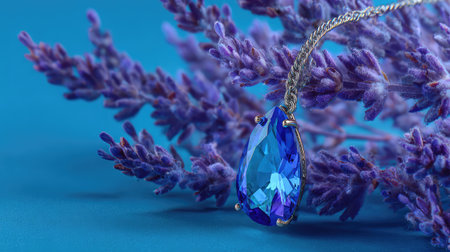 Stunning blue gem pendant gracefully rests among lavender blooms, creating a serene and elegant composition ideal for showcasing beauty in jewelry and fashion photography.の素材