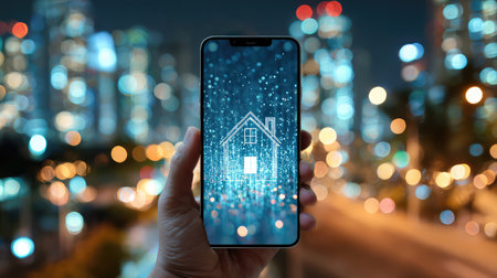 A close-up of a hand holding a smartphone showcasing a digital home icon against a beautifully blurred urban night background, symbolizing smart technology and innovation.の素材