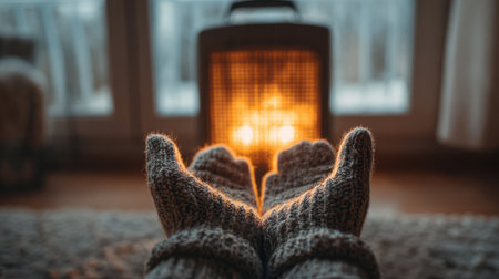 Enjoy the warmth as cozy feet in knitted socks relax by a radiant heater, encapsulating the essence of comfort and tranquility in a serene indoor setting.の素材