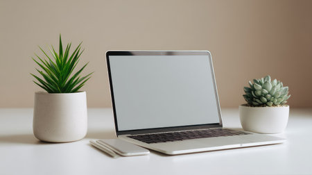 A sleek laptop sits in a minimalist workspace adorned with potted green plants, offering an inviting and calming atmosphere ideal for productivity and creativity.の素材