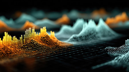 Dynamic and colorful digital visualization illustrates statistical data analysis, showcasing trends and patterns through vibrant waves against a dark background, ideal for tech and finance themes.の素材