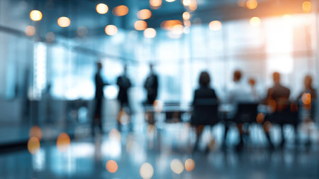 A modern office scene featuring silhouettes of professionals in a blurred background, engaged in a business meeting, emphasizing teamwork and collaboration during daytime.の素材