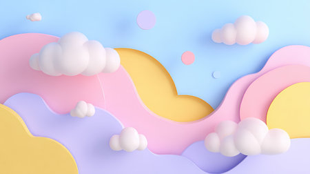 Vibrant abstract design with colorful waves and fluffy clouds, perfect for creative projects or as a peaceful backdrop in digital settings.の素材