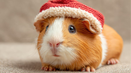 A charming guinea pig wearing a knitted red hat brings warmth and joy to any festive occasion, perfect for celebrating holidays with furry friends.の素材