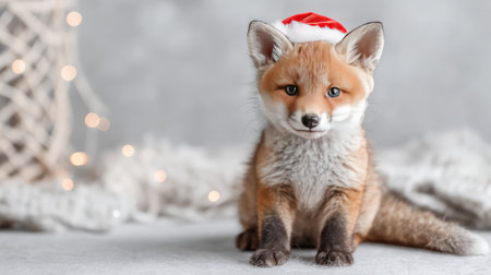 A charming young fox dons a Santa hat, sitting on a soft blanket with beautiful bokeh lights in the background, embodying the spirit of the holiday season. Perfect for festive themes.の素材