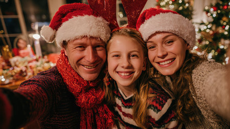 A cheerful family poses for a selfie during a festive Christmas celebration, showcasing joy, love, and the warmth of the holiday spirit amid beautiful decorations.の素材