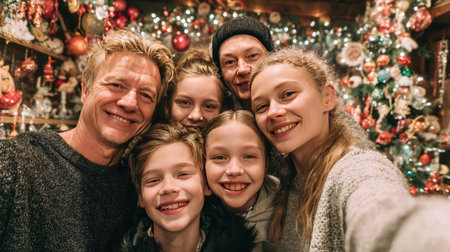 A heartwarming family portrait capturing joyful expressions in front of a beautifully decorated Christmas tree filled with lights, showcasing togetherness during the festive season.の素材