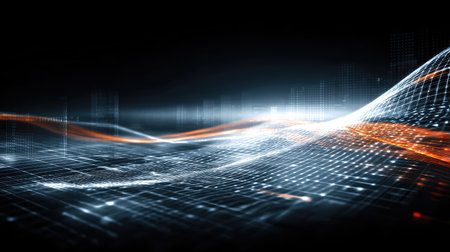 Futuristic abstract digital landscape featuring glowing lights and flowing curves, ideal for technology-themed designs, backgrounds, or innovative visual compositions.の素材