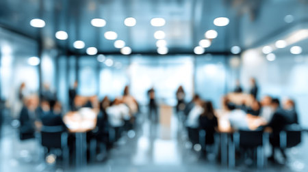 A blurred view of a business meeting showcases professionals engaged in meaningful discussions within a sleek conference room, emphasizing teamwork and strategic planning.の素材