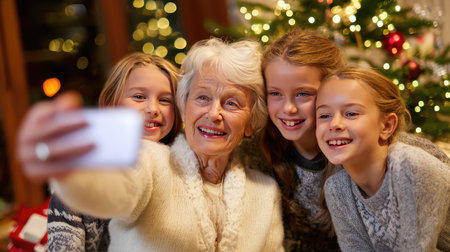A heartwarming moment captured in a cozy holiday setting, showcasing a grandmother enjoying a selfie with her three grandchildren, radiating love and joy during Christmas.の素材