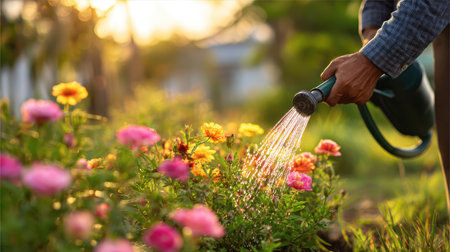 A gardener tends to a colorful flower bed, watering vibrant blooms with a green watering can in a peaceful garden setting during a beautiful sunset.の素材