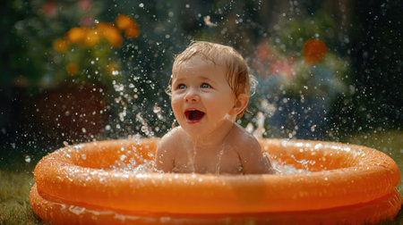 An adorable baby laughs in a bright orange pool, splashing water joyfully in a sunlit garden, surrounded by colorful flowers, capturing a moment of pure happiness.の素材