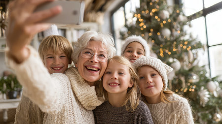A heartwarming selfie captures a joyful moment with a grandmother and her grandchildren, all wearing cozy sweaters, embodying love and togetherness during the holiday season.の素材
