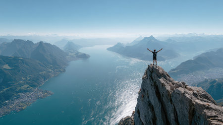 A person stands triumphantly on a rocky mountain peak, arms wide open, showcasing an awe-inspiring view of a serene lake and surrounding mountains under a clear blue sky.の素材