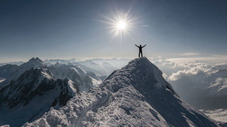 A triumphant adventurer stands atop a snowy peak, arms raised against the bright sun, surrounded by breathtaking mountain views and cloud-kissed valleys in the Alps.の素材