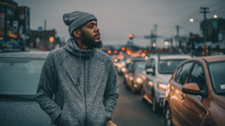 A young man stands in an urban environment, reflecting amidst heavy traffic and gray skies, embodying the complexities of city life and moments of introspection.の素材