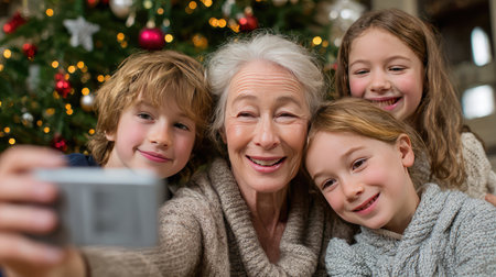 A joyful scene featuring an elderly woman and three children sharing a happy moment while taking a selfie in front of a decorated Christmas tree, embodying warmth and togetherness.の素材