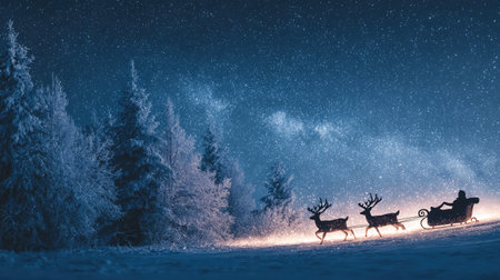 A captivating winter night moment showcases a silhouette of Santa in his sleigh, pulled by reindeer, set against a breathtaking starry sky and snowy landscape.の素材