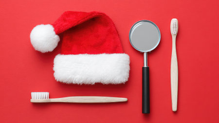 A festive display featuring a Santa hat alongside essential dental care tools, perfect for promoting holiday health awareness and encouraging good oral hygiene practices.の素材