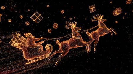 A captivating illustration of Santa Claus with reindeer soaring in a glowing sleigh, surrounded by floating gifts, embodying the joyful spirit of Christmas and holiday celebrations.の素材